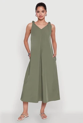 Womens Chic V-Neck Knot Strap Pleated Detail Sundress for Summer, Green, Size L