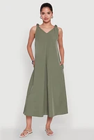 Womens Chic V-Neck Knot Strap Pleated Detail Sundress for Summer, Green, Size L