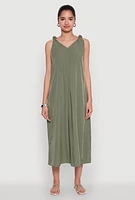 Womens Chic V-Neck Knot Strap Pleated Detail Sundress for Summer, Green, Size L