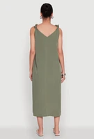 Womens Chic V-Neck Knot Strap Pleated Detail Sundress for Summer, Green, Size L