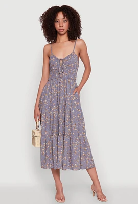 Womens Ditsy Floral Tiered Sundress with Tie Front Keyhole, Grey, Size S