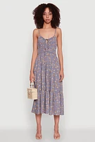 Womens Ditsy Floral Tiered Sundress with Tie Front Keyhole, Grey, Size S