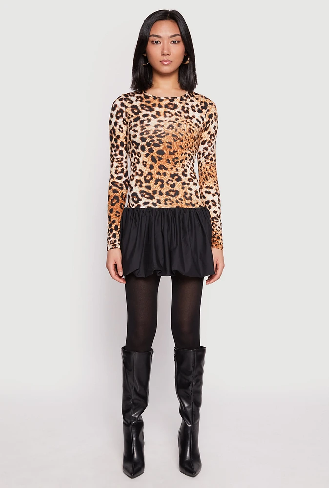 Womens Leopard Print Long Sleeve Bubble Mini Dress, Brown,