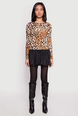 Womens Leopard Print Long Sleeve Bubble Mini Dress, Brown,