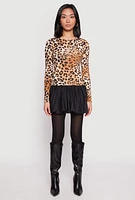 Womens Leopard Print Long Sleeve Bubble Mini Dress, Brown,