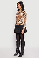 Womens Leopard Print Long Sleeve Bubble Mini Dress, Brown,