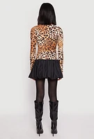 Womens Leopard Print Long Sleeve Bubble Mini Dress, Brown,