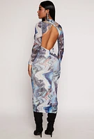 Womens Almost Famous Mesh Swirl Print Open Back Dress, Blue, Size L