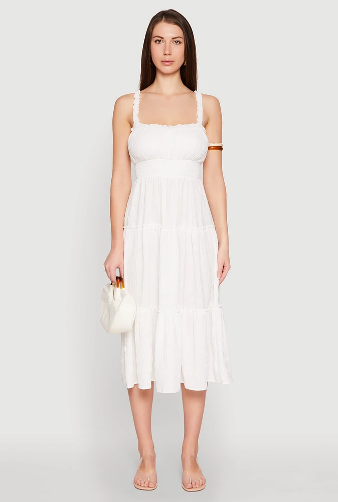 Womens Almost Famous Smocked Empire Waist Tiered Dress, White, Size L