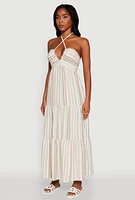 Womens Madden Girl Striped Tiered Halter Maxi Dress, Multi, Size L