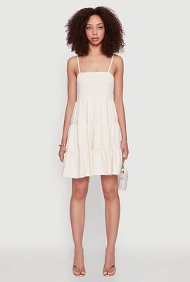 Womens Madden Girl Linen Tiered Sundress with Smocked Square Neck, Beige,