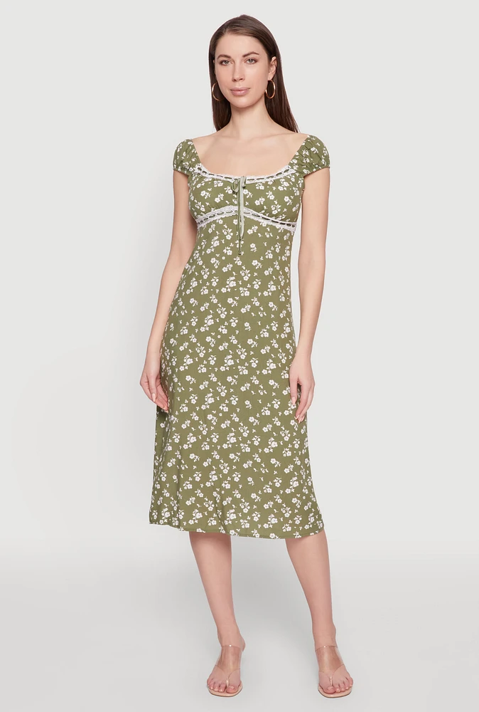 Womens Madden Girl Ditsy Floral Sundress with Lace Details, Green, Size S