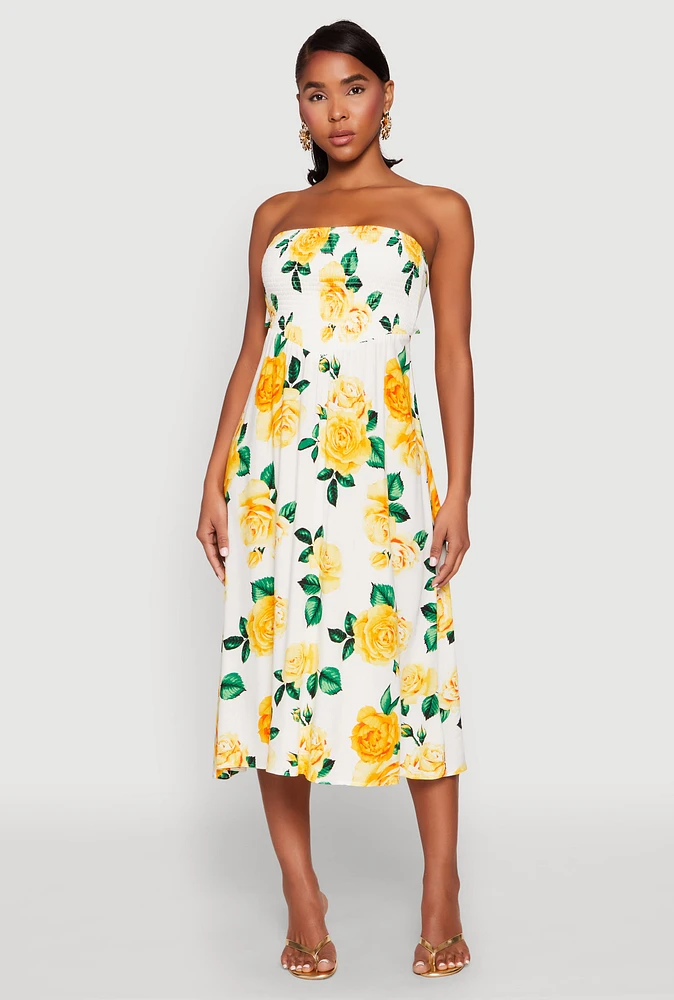 Womens Almost Famous Floral Print Smocked Midi Dress, Multi,