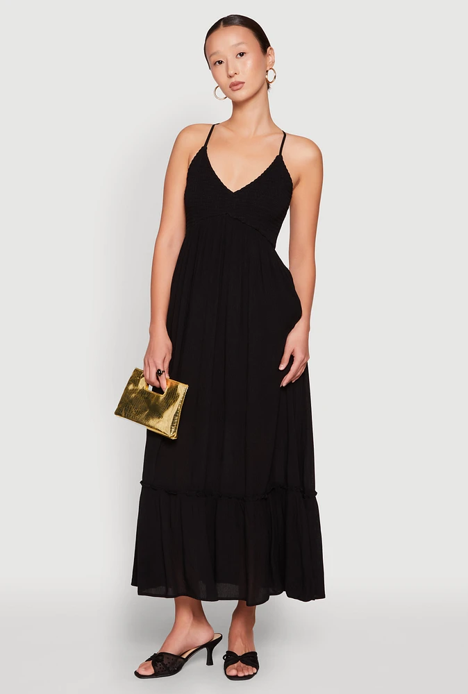 Womens Almost Famous Smocked O Ring Tiered Maxi Dress, Black, Size L