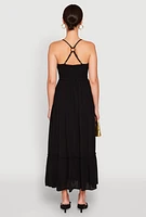 Womens Almost Famous Smocked O Ring Tiered Maxi Dress, Black, Size L