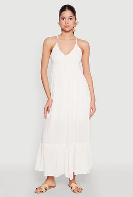 Womens Almost Famous Smocked O Ring Tiered Maxi Dress, White,