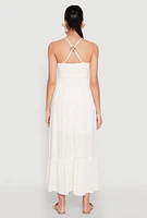 Womens Almost Famous Smocked O Ring Tiered Maxi Dress, White,