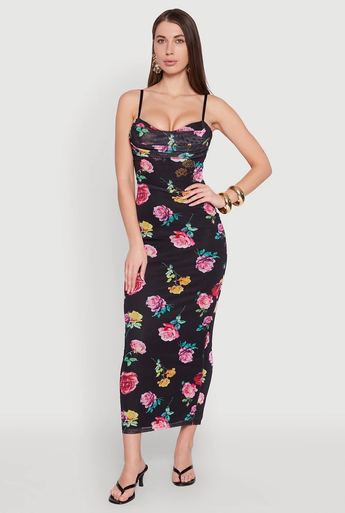 Womens Almost Famous Mesh Cowl Neck Maxi Dress, Black, Size XL