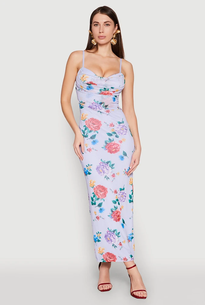 Womens Almost Famous Mesh Cowl Neck Maxi Dress, Blue, Size L