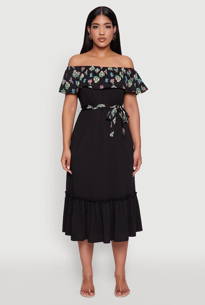 Womens Elegant Floral Ruffle Overlay Tiered Dress with Tie Waist Belt, Black, Size S