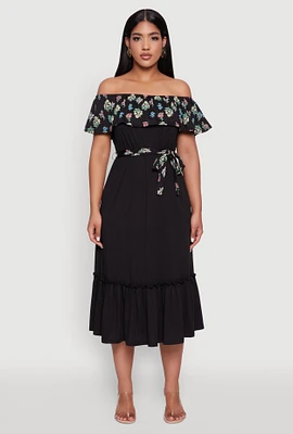 Womens Elegant Floral Ruffle Overlay Tiered Dress with Tie Waist Belt, Black, Size S