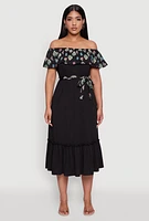 Womens Elegant Floral Ruffle Overlay Tiered Dress with Tie Waist Belt, Black, Size S