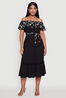 Womens Elegant Floral Ruffle Overlay Tiered Dress with Tie Waist Belt, Black, Size S