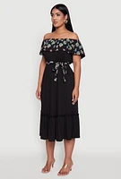 Womens Elegant Floral Ruffle Overlay Tiered Dress with Tie Waist Belt, Black, Size L