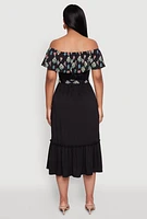 Womens Elegant Floral Ruffle Overlay Tiered Dress with Tie Waist Belt, Black, Size S