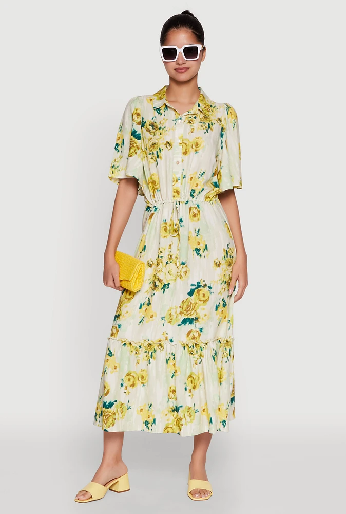 Womens Floral Print Tiered Shirt Dress with Flounce Sleeves, Multi, Size S