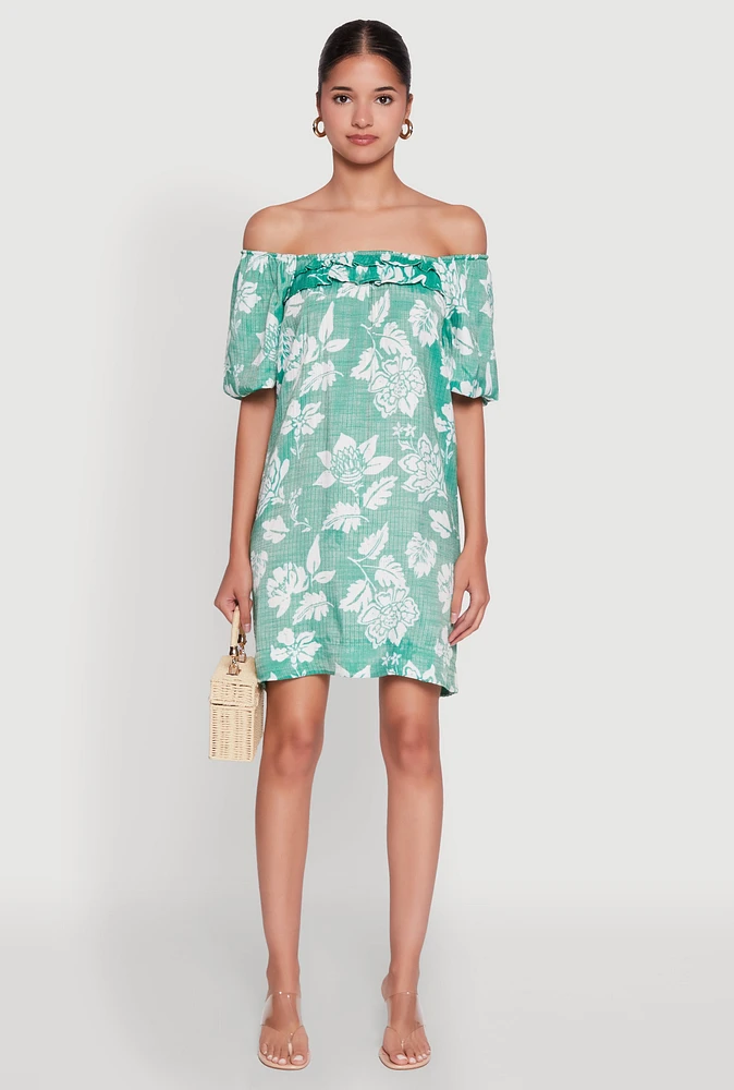Womens Floral Off Shoulder Bubble Sleeve Shift Dress with Ruffles, Green, Size M