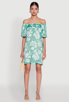 Womens Floral Off Shoulder Bubble Sleeve Shift Dress with Ruffles, Green, Size M