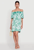 Womens Floral Off Shoulder Bubble Sleeve Shift Dress with Ruffles, Green, Size M