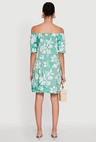 Womens Floral Off Shoulder Bubble Sleeve Shift Dress with Ruffles, Green, Size M