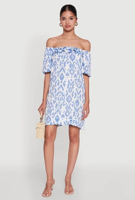 Womens Floral Off Shoulder Bubble Sleeve Shift Dress with Ruffles, Blue, Size L
