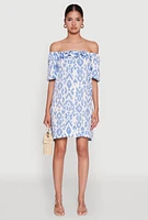 Womens Floral Off Shoulder Bubble Sleeve Shift Dress with Ruffles, Blue, Size L