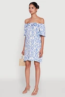 Womens Floral Off Shoulder Bubble Sleeve Shift Dress with Ruffles, Blue, Size L