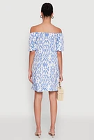 Womens Floral Off Shoulder Bubble Sleeve Shift Dress with Ruffles, Blue, Size L