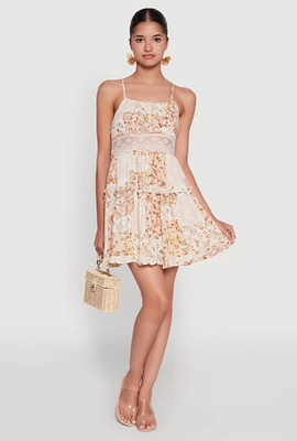 Womens Madden Girl Floral Print Crochet Detail Tiered Sundress, Beige, Size M