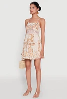 Womens Madden Girl Floral Print Crochet Detail Tiered Sundress, Beige, Size M
