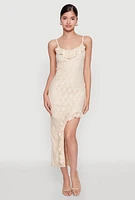 Womens Madden Girl Lace Asymmetrical Dress with Ruffles, Beige, Size M