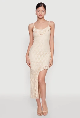 Womens Madden Girl Lace Asymmetrical Dress with Ruffles, Beige, Size M