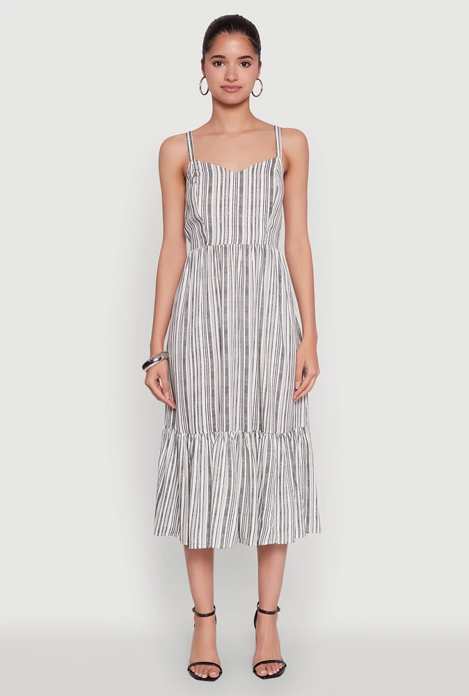 Womens Striped Tiered Cami Dress with Sweetheart Neckline, Grey, Size S