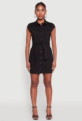 Womens Twill Button Front Belted Shirt Dress,