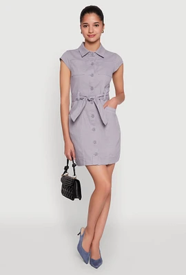 Womens Twill Button Front Belted Shirt Dress, Grey, Size M