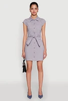 Womens Twill Button Front Belted Shirt Dress, Grey, Size M