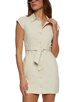 Womens Twill Button Front Belted Shirt Dress,