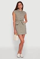Womens Twill Button Front Belted Shirt Dress,