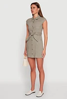 Womens Twill Button Front Belted Shirt Dress,