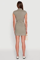 Womens Twill Button Front Belted Shirt Dress,